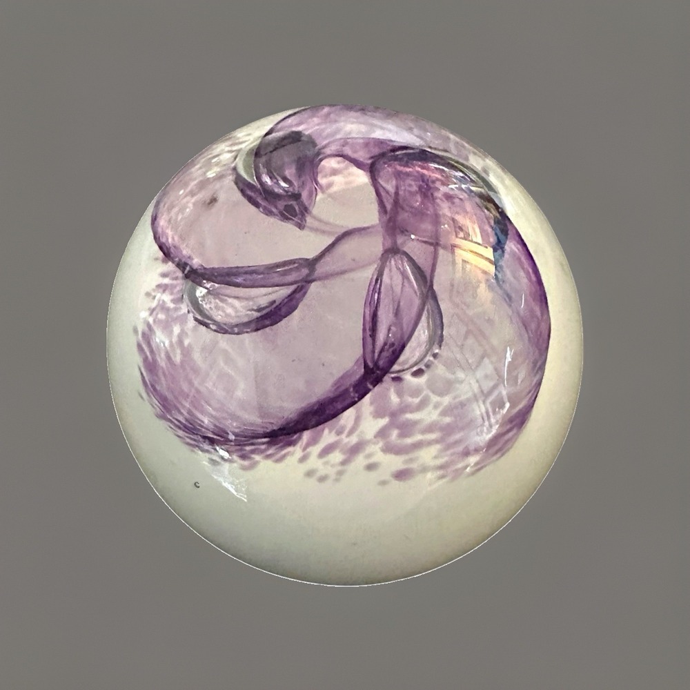 Caithness Scotland Pixie Purple Flower Bubble Signed Art Glass Paperweight Small
